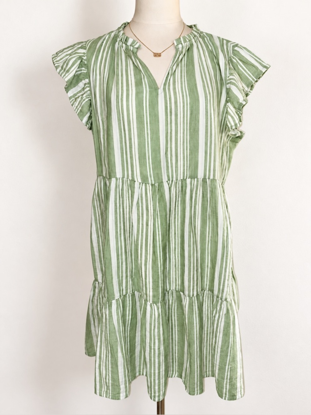 Green Stripe Tiered Linen Ruffle Sleeve Dress - Wonderly